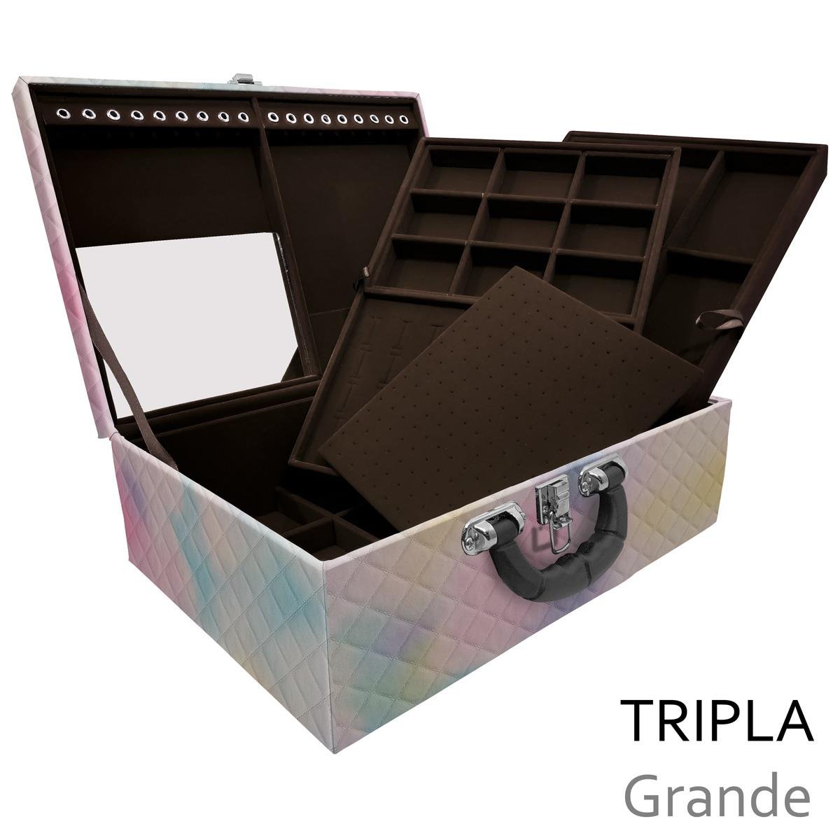 Estojo Maleta Porta Jóias Triplo Grande Dijon Tie Dye Com Alça Preta e Espelho