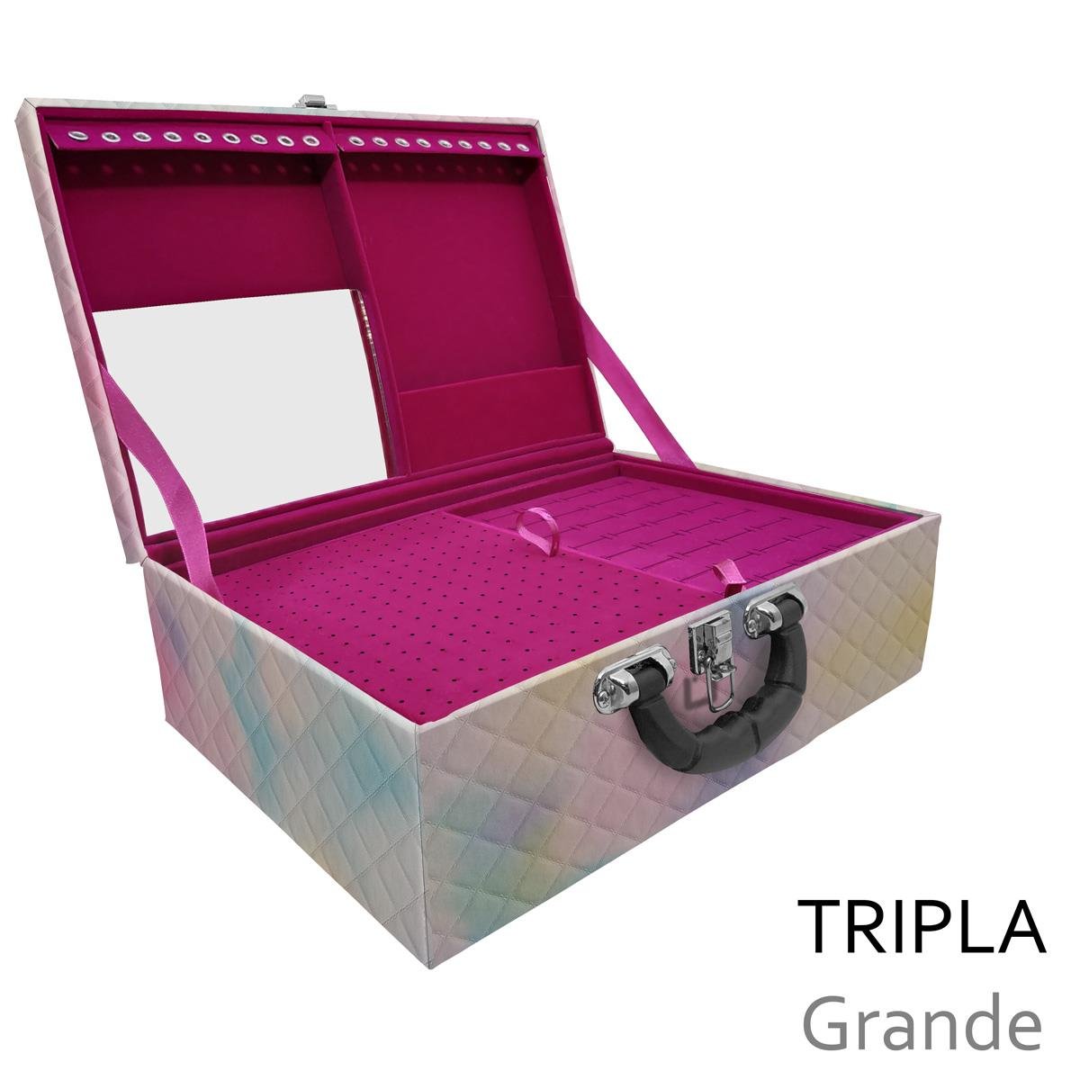 Estojo Maleta Porta Jóias Triplo Grande Dijon Tie Dye Com Alça Preta e Espelho