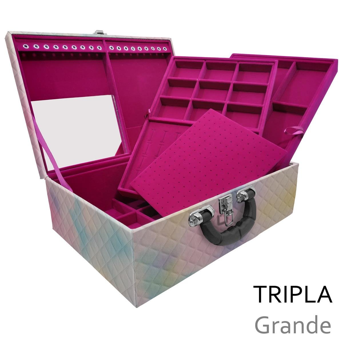 Estojo Maleta Porta Jóias Triplo Grande Dijon Tie Dye Com Alça Preta e Espelho