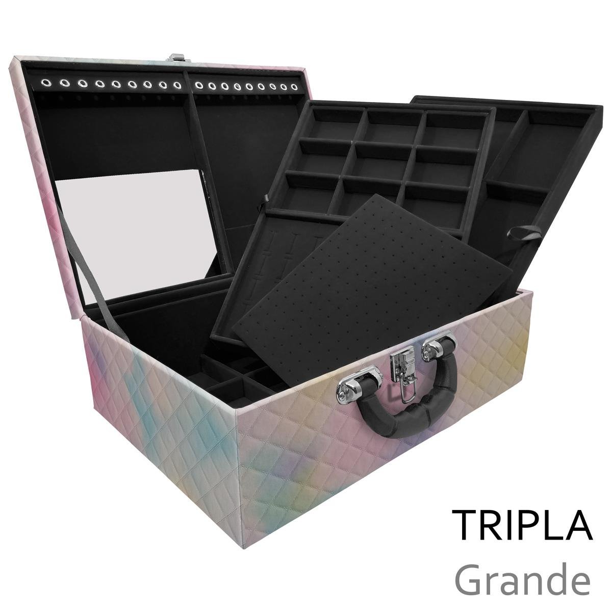 Estojo Maleta Porta Jóias Triplo Grande Dijon Tie Dye Com Alça Preta e Espelho