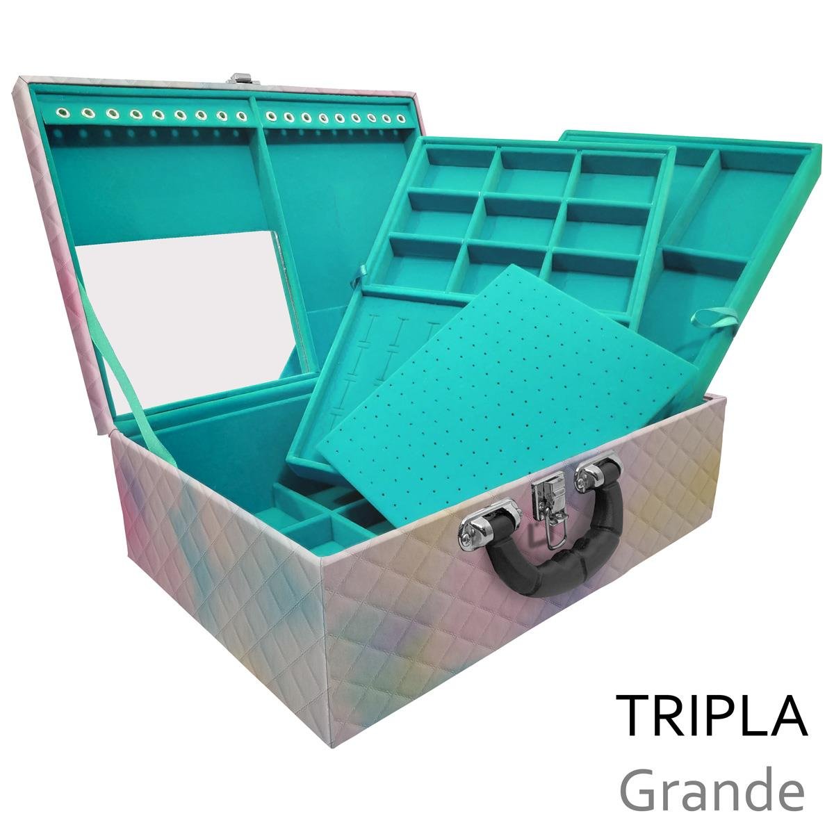 Estojo Maleta Porta Jóias Triplo Grande Dijon Tie Dye Com Alça Preta e Espelho