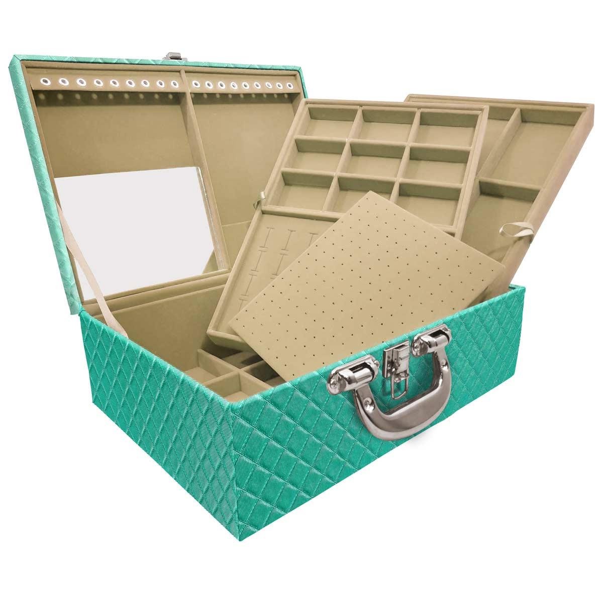 Estojo Maleta Porta Jóias Triplo Grande Dijon Tiffany Com Alça Cromada e Espelho
