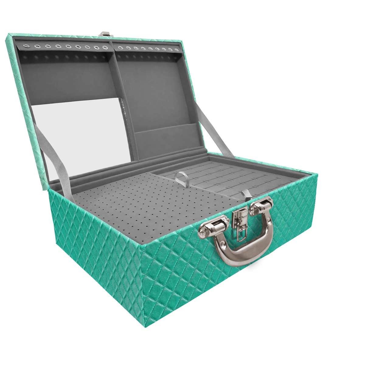 Estojo Maleta Porta Jóias Triplo Grande Dijon Tiffany Com Alça Cromada e Espelho