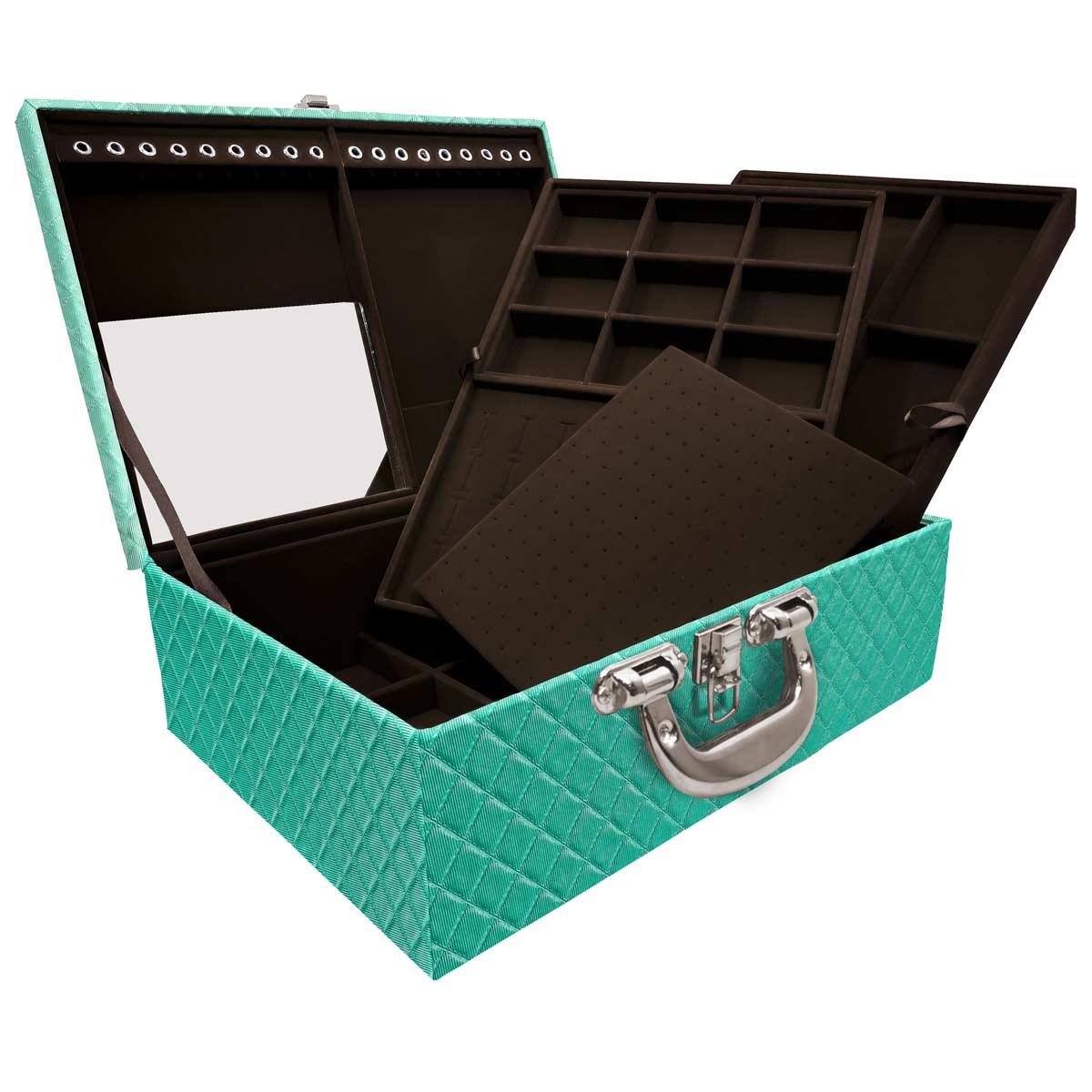 Estojo Maleta Porta Jóias Triplo Grande Dijon Tiffany Com Alça Cromada e Espelho