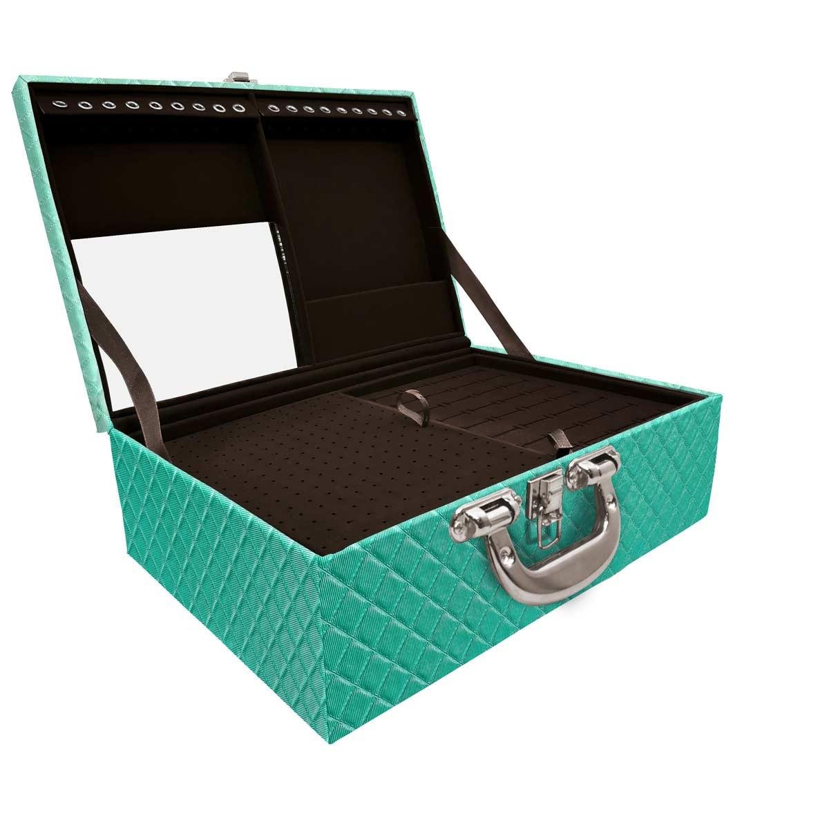 Estojo Maleta Porta Jóias Triplo Grande Dijon Tiffany Com Alça Cromada e Espelho