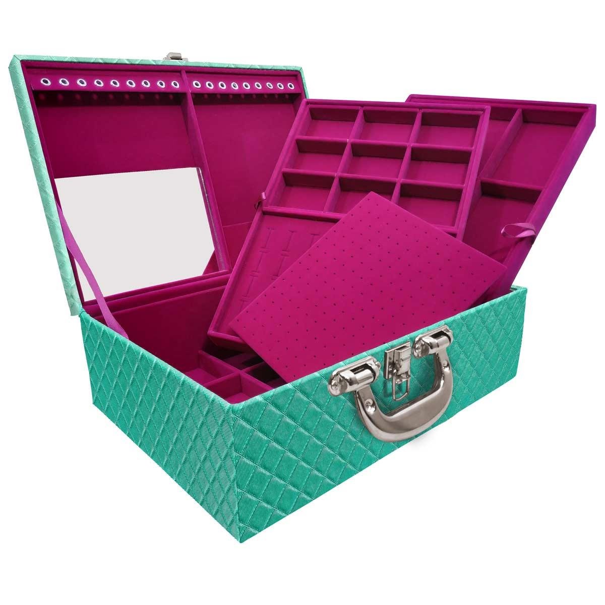Estojo Maleta Porta Jóias Triplo Grande Dijon Tiffany Com Alça Cromada e Espelho
