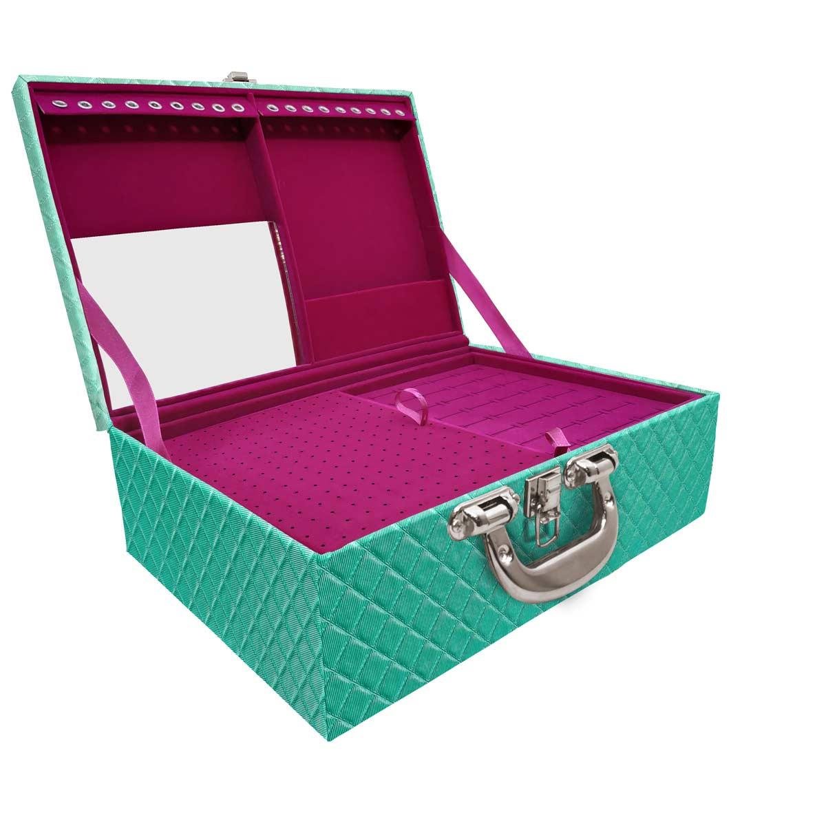 Estojo Maleta Porta Jóias Triplo Grande Dijon Tiffany Com Alça Cromada e Espelho