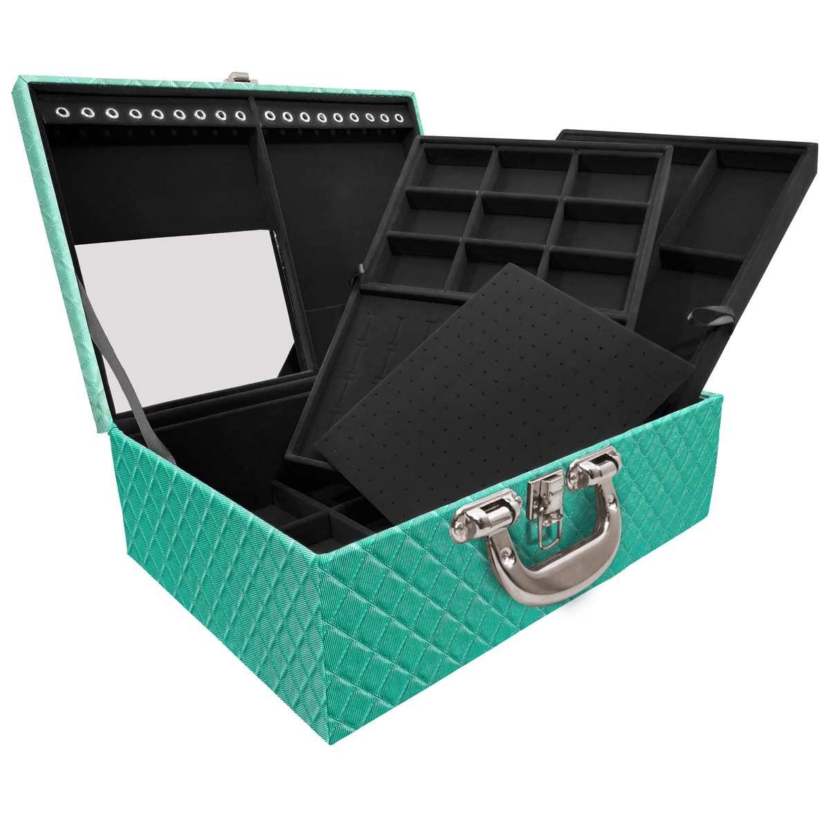 Estojo Maleta Porta Jóias Triplo Grande Dijon Tiffany Com Alça Cromada e Espelho