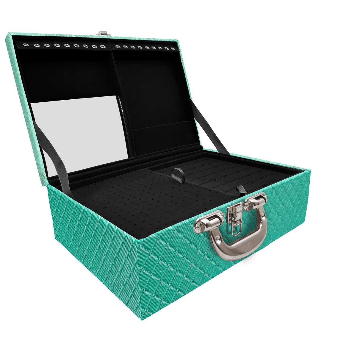 Estojo Maleta Porta Jóias Triplo Grande Dijon Tiffany Com Alça Cromada e Espelho