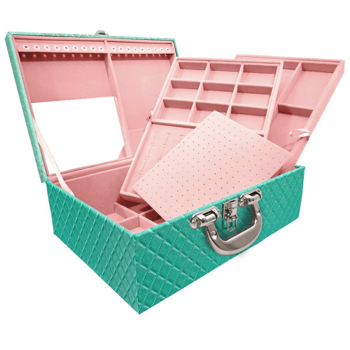 Estojo Maleta Porta Jóias Triplo Grande Dijon Tiffany Com Alça Cromada e Espelho