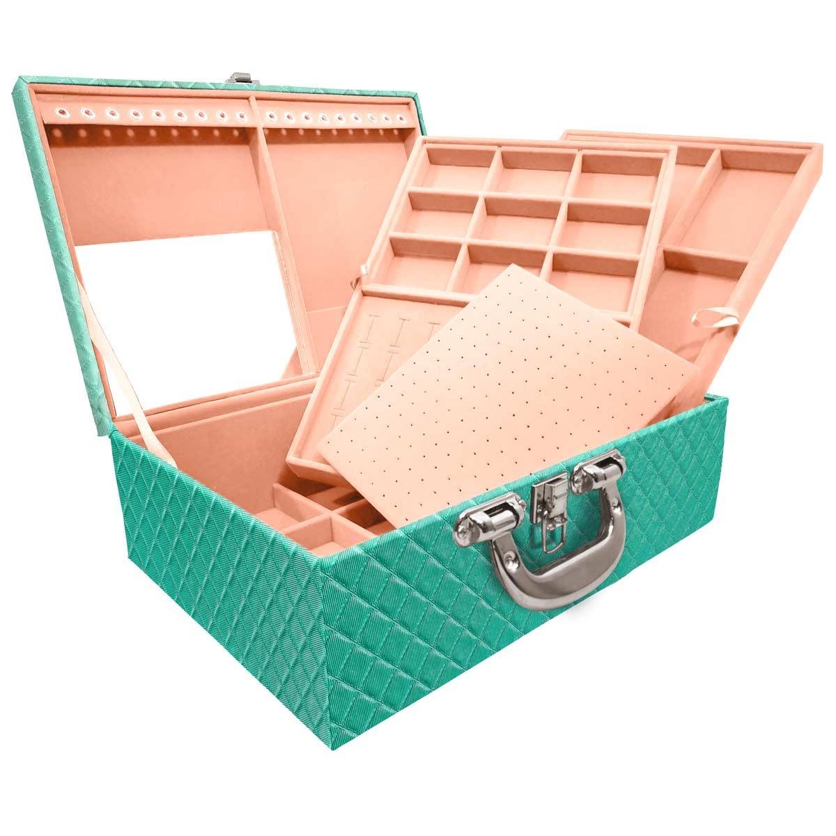 Estojo Maleta Porta Jóias Triplo Grande Dijon Tiffany Com Alça Cromada e Espelho