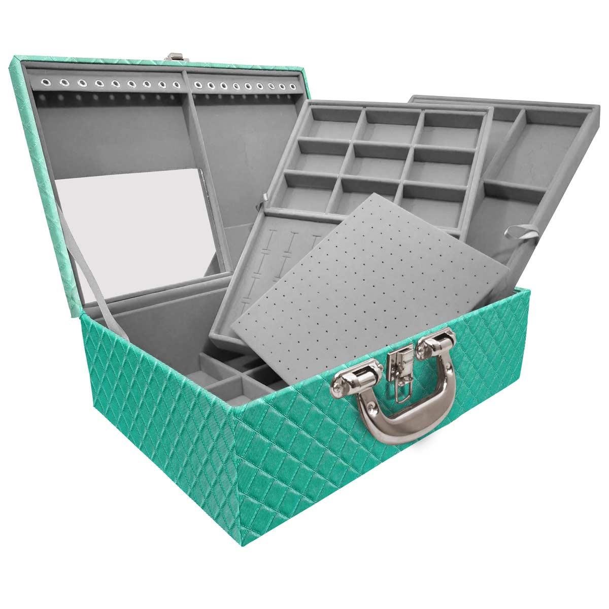 Estojo Maleta Porta Jóias Triplo Grande Dijon Tiffany Com Alça Cromada e Espelho