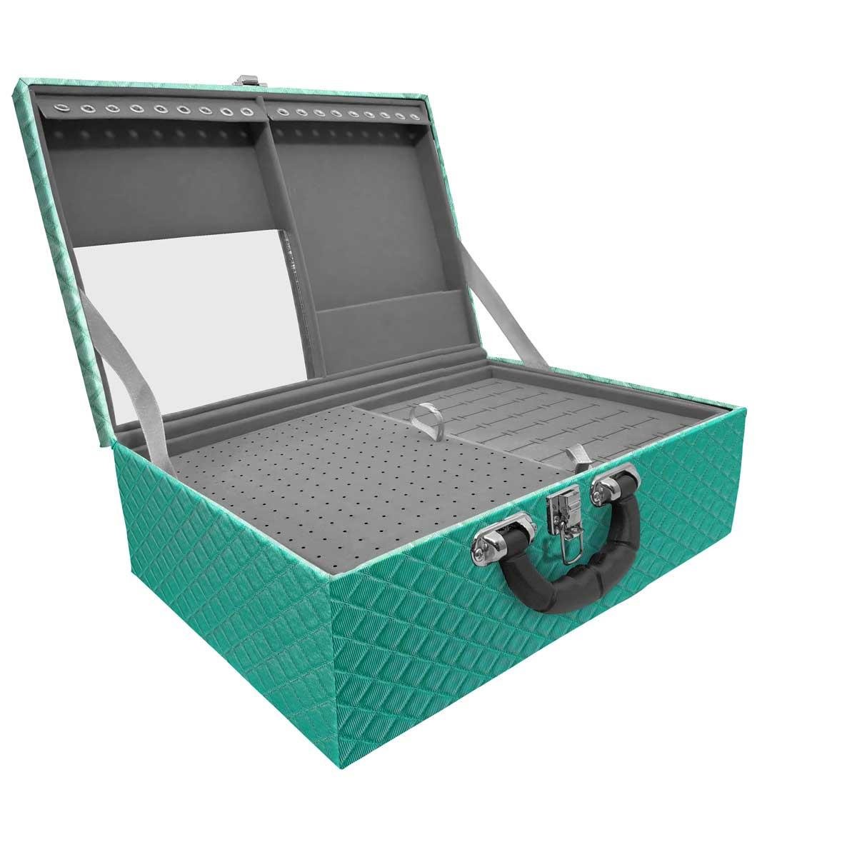 Estojo Maleta Porta Jóias Triplo Grande Dijon Tiffany Com Alça Preta e Espelho