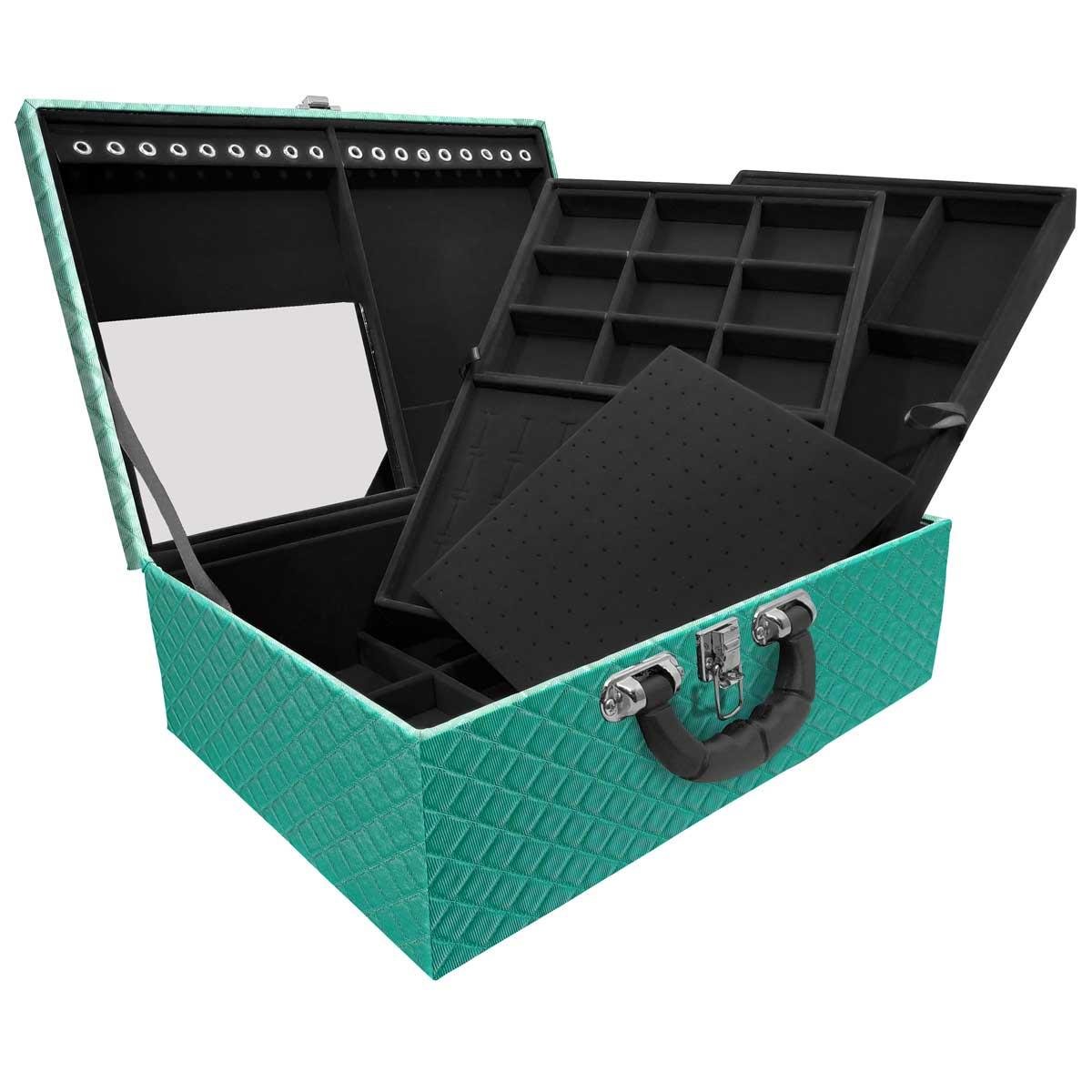 Estojo Maleta Porta Jóias Triplo Grande Dijon Tiffany Com Alça Preta e Espelho