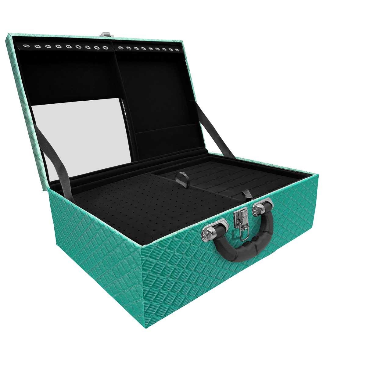 Estojo Maleta Porta Jóias Triplo Grande Dijon Tiffany Com Alça Preta e Espelho