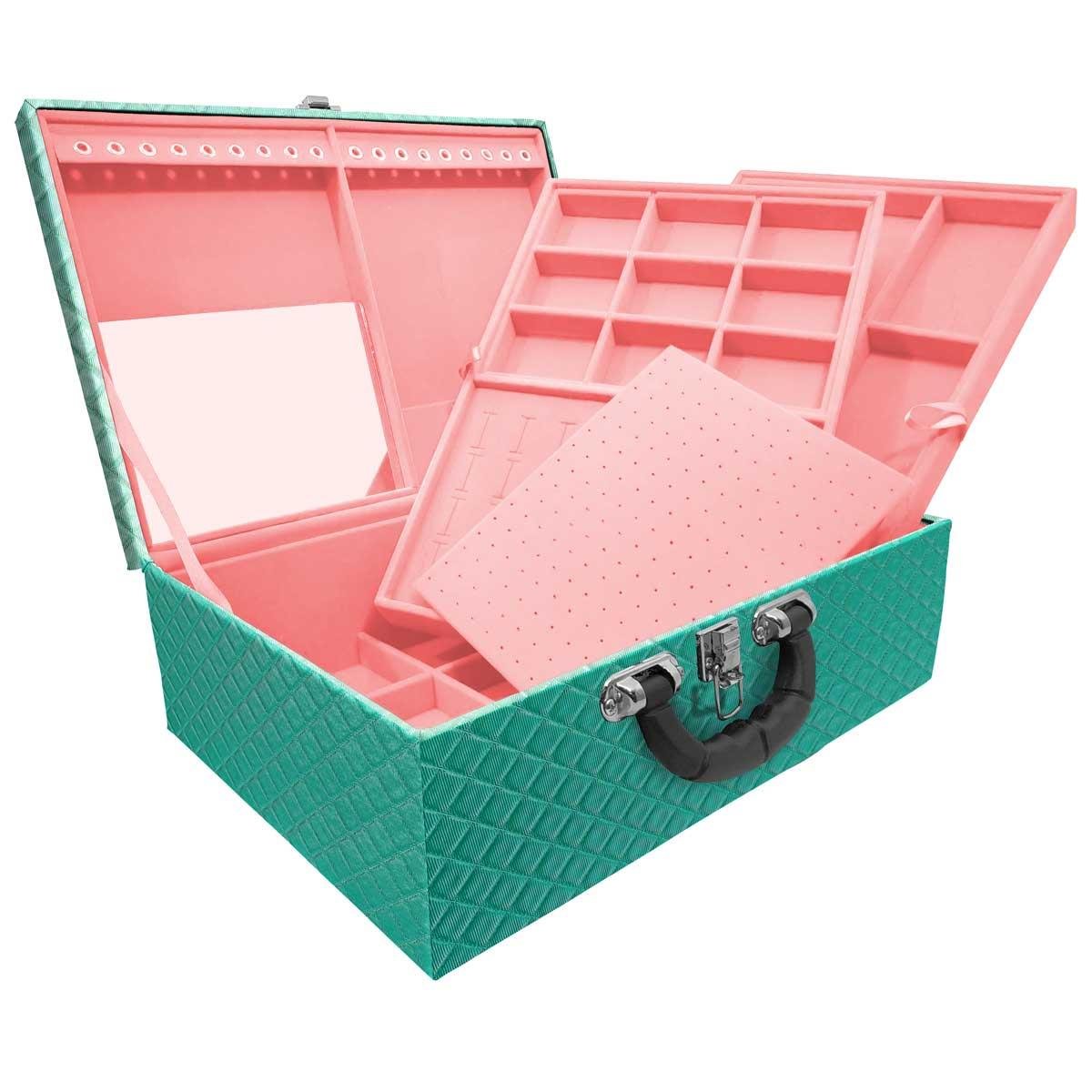 Estojo Maleta Porta Jóias Triplo Grande Dijon Tiffany Com Alça Preta e Espelho