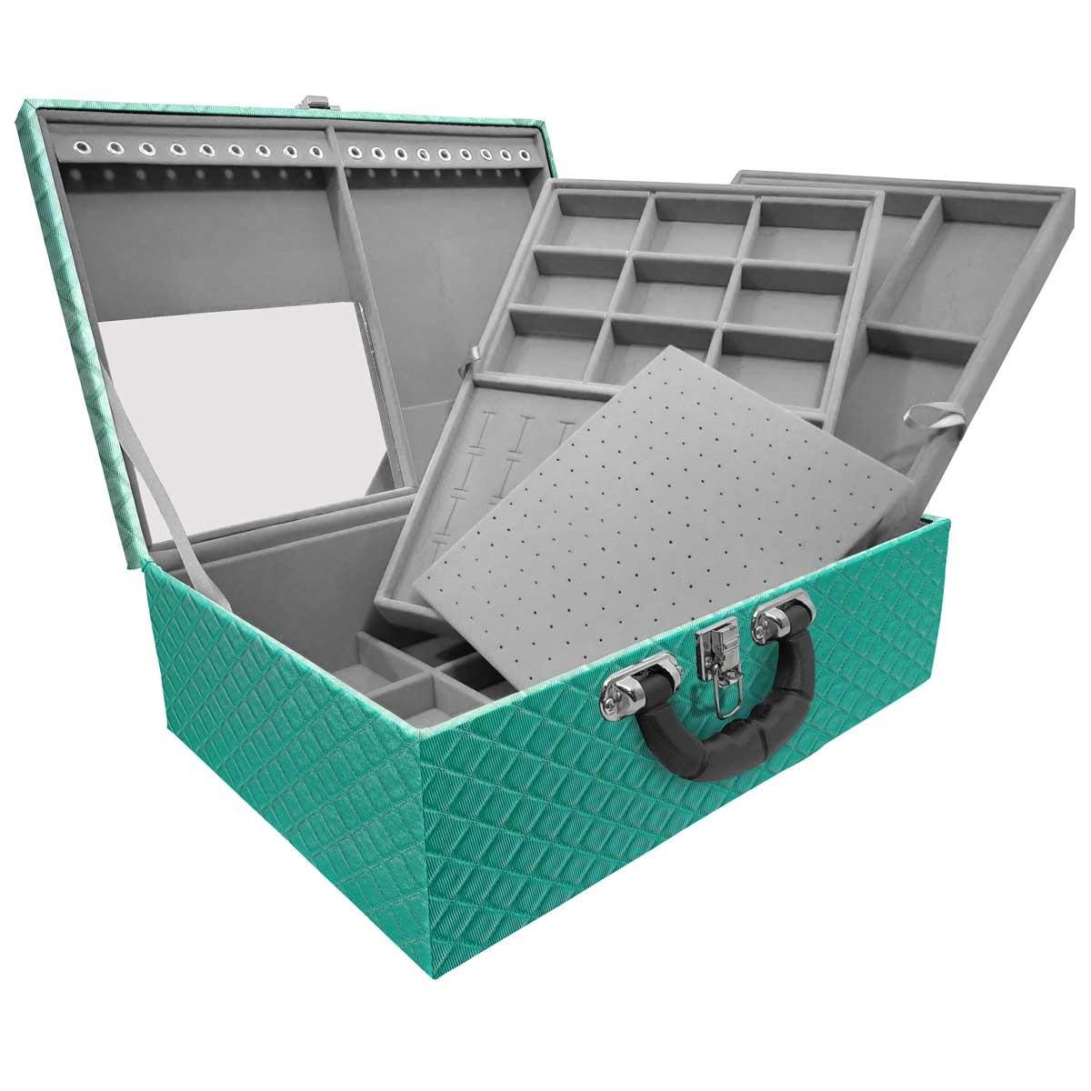 Estojo Maleta Porta Jóias Triplo Grande Dijon Tiffany Com Alça Preta e Espelho