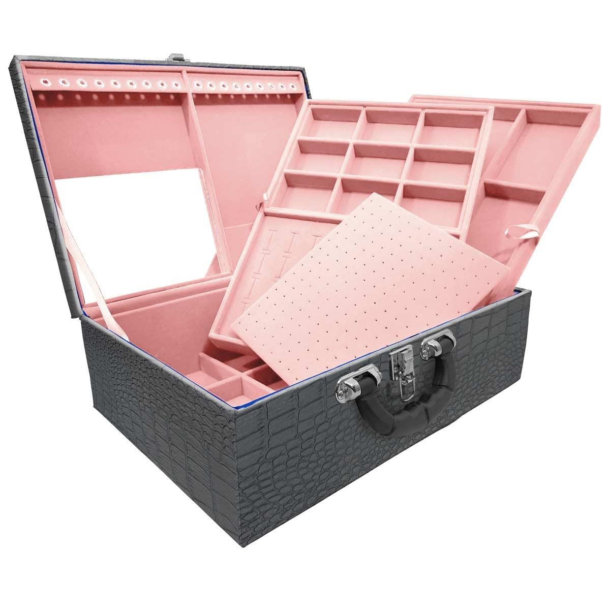 Estojo Maleta Porta Jóias Triplo Grande Dinossauro Com Alça Preta e Espelho