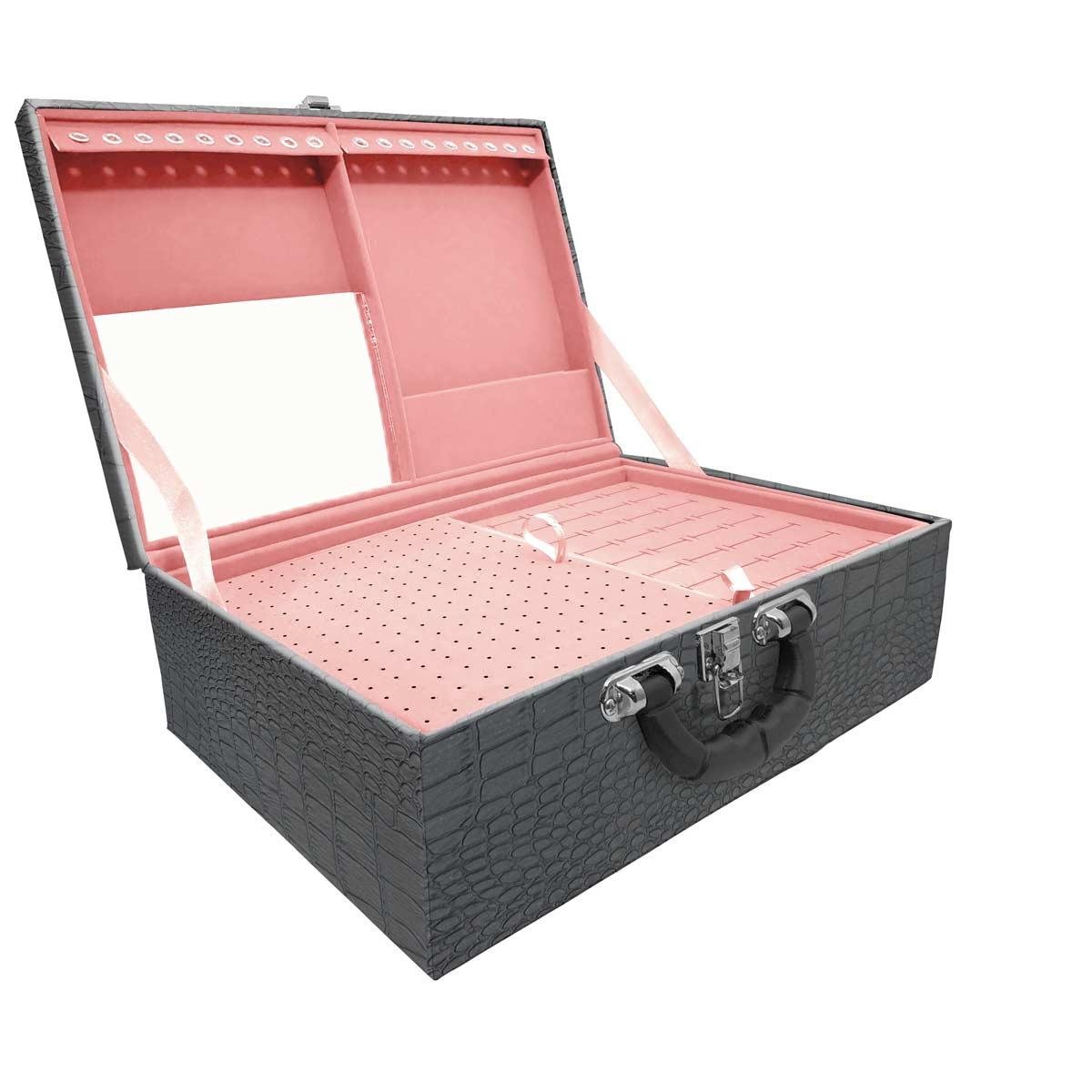 Estojo Maleta Porta Jóias Triplo Grande Dinossauro Com Alça Preta e Espelho