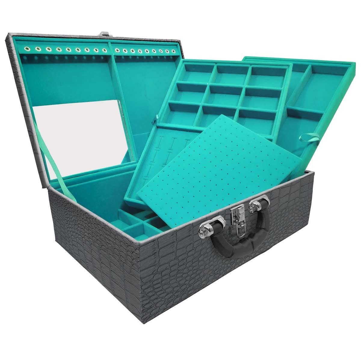 Estojo Maleta Porta Jóias Triplo Grande Dinossauro Com Alça Preta e Espelho