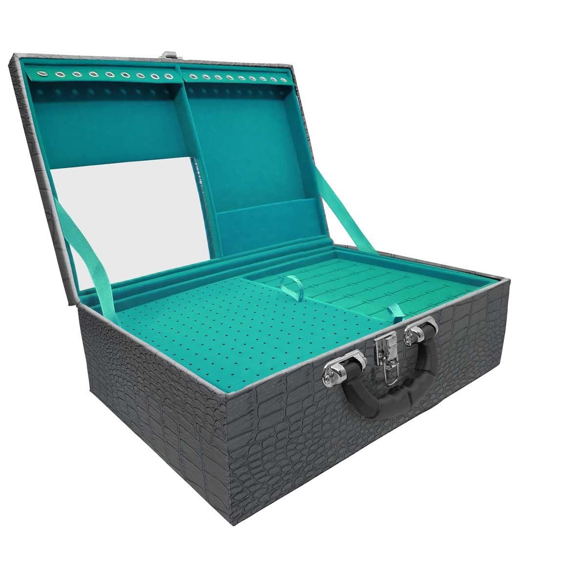 Estojo Maleta Porta Jóias Triplo Grande Dinossauro Com Alça Preta e Espelho