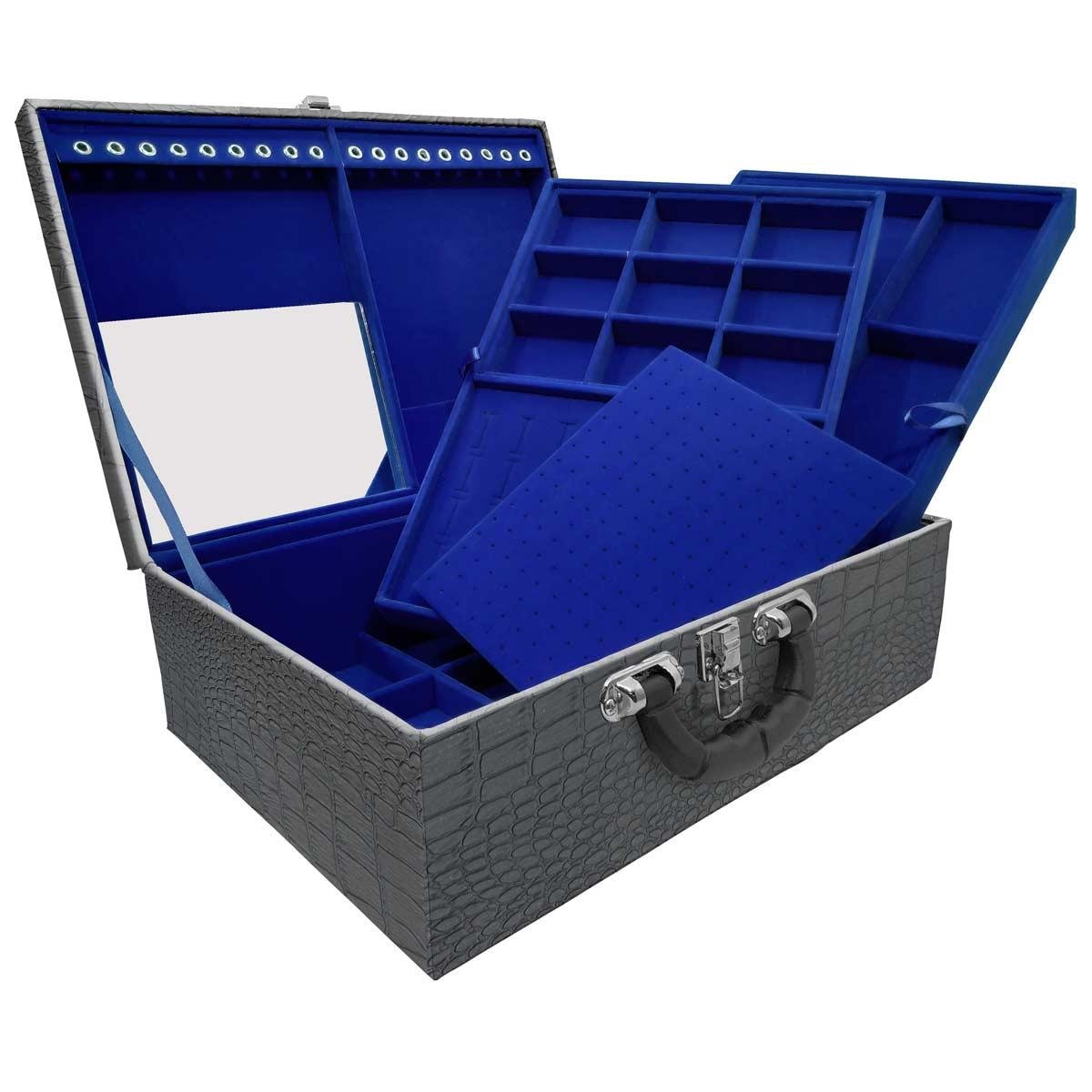 Estojo Maleta Porta Jóias Triplo Grande Dinossauro Com Alça Preta e Espelho