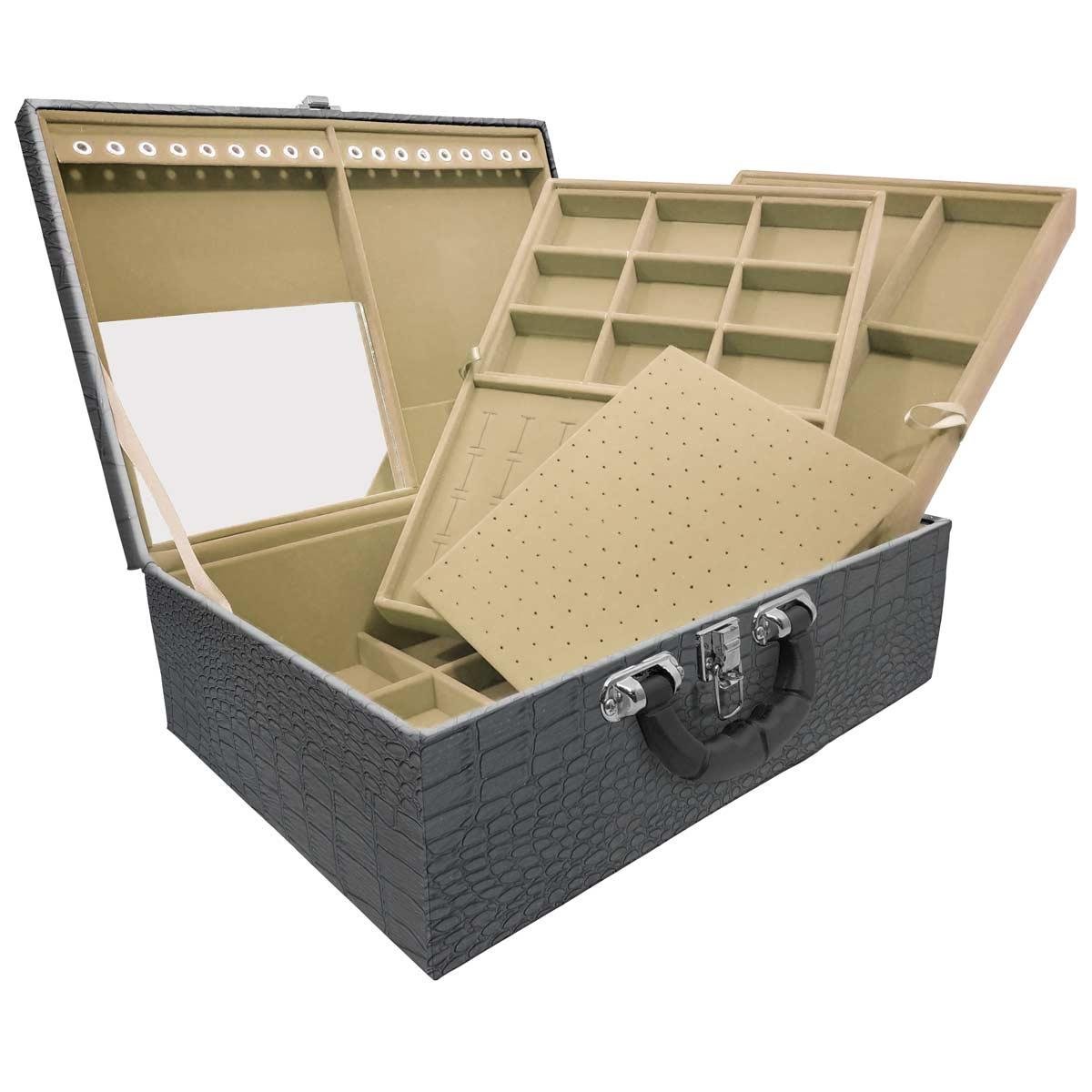 Estojo Maleta Porta Jóias Triplo Grande Dinossauro Com Alça Preta e Espelho