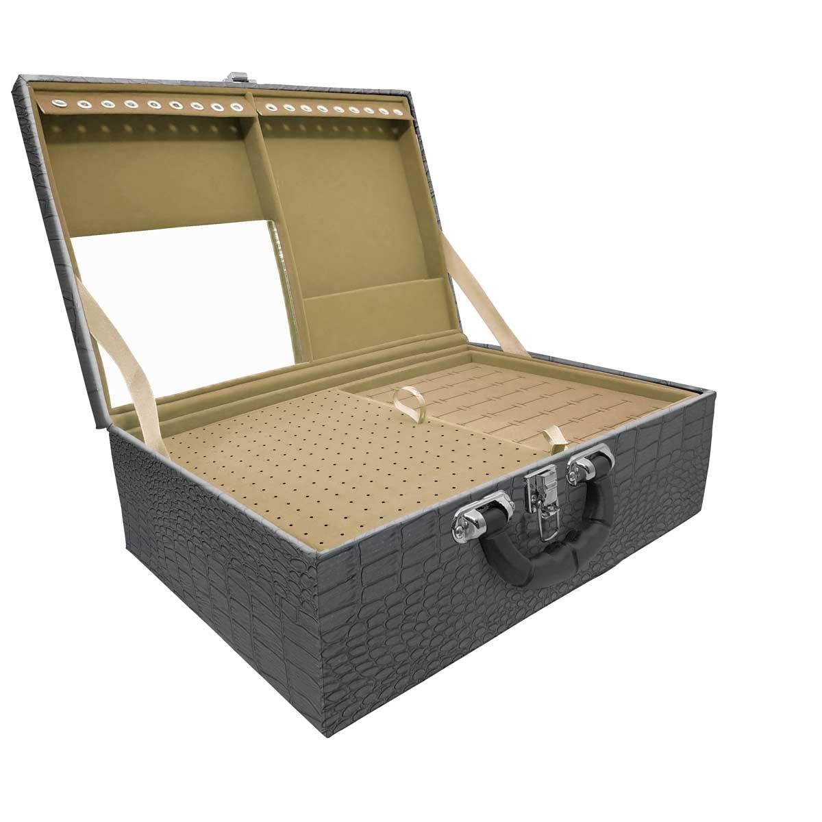 Estojo Maleta Porta Jóias Triplo Grande Dinossauro Com Alça Preta e Espelho