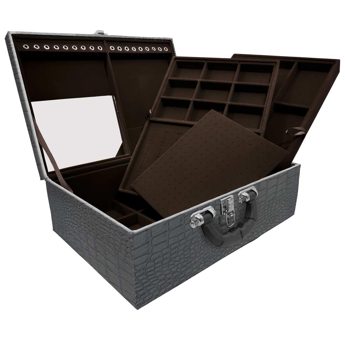 Estojo Maleta Porta Jóias Triplo Grande Dinossauro Com Alça Preta e Espelho