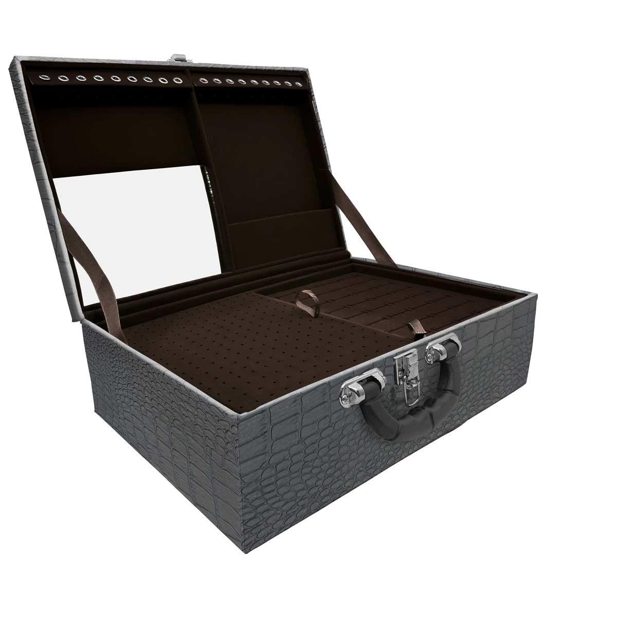 Estojo Maleta Porta Jóias Triplo Grande Dinossauro Com Alça Preta e Espelho