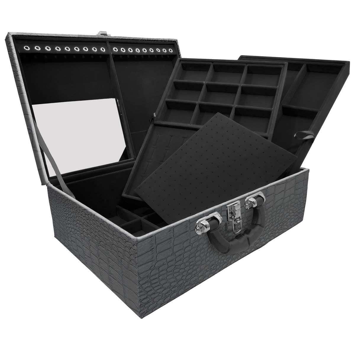 Estojo Maleta Porta Jóias Triplo Grande Dinossauro Com Alça Preta e Espelho