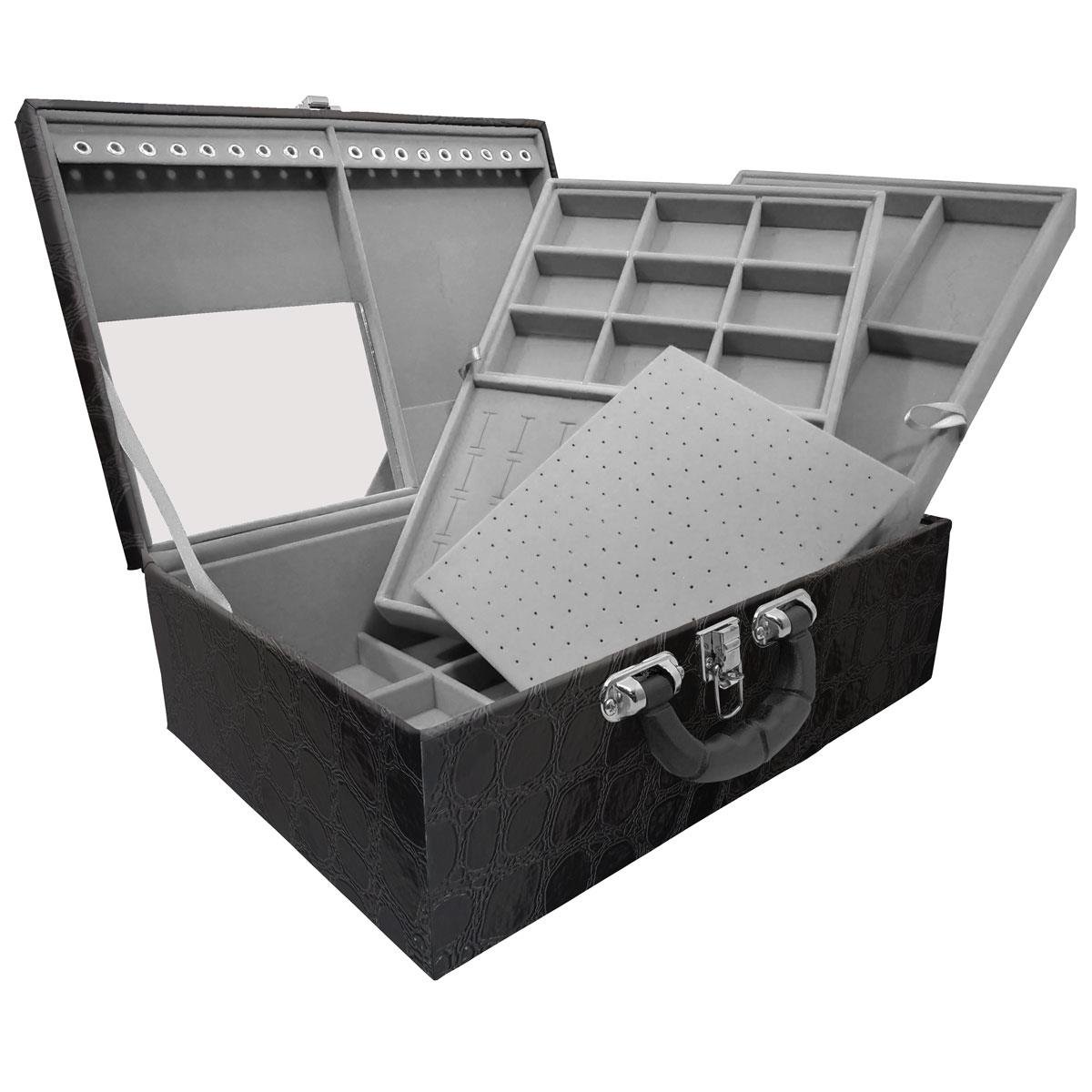 Estojo Maleta Porta Jóias Triplo Grande Dinossauro Com Alça Preta e Espelho