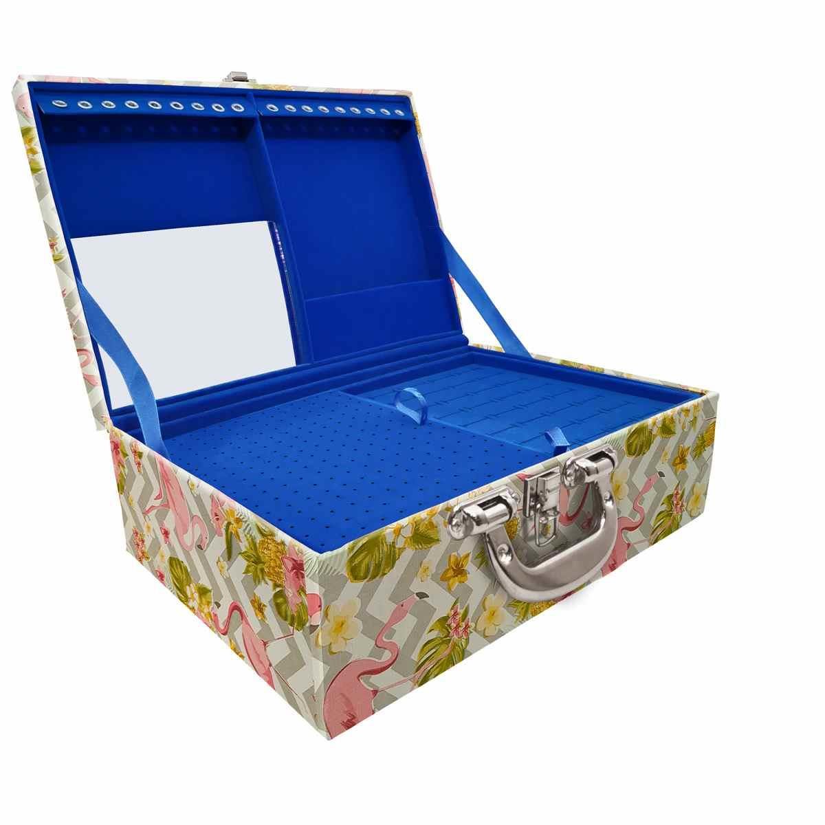 Estojo Maleta Porta Jóias Triplo Grande Flamingo Com Alça Cromada e Espelho