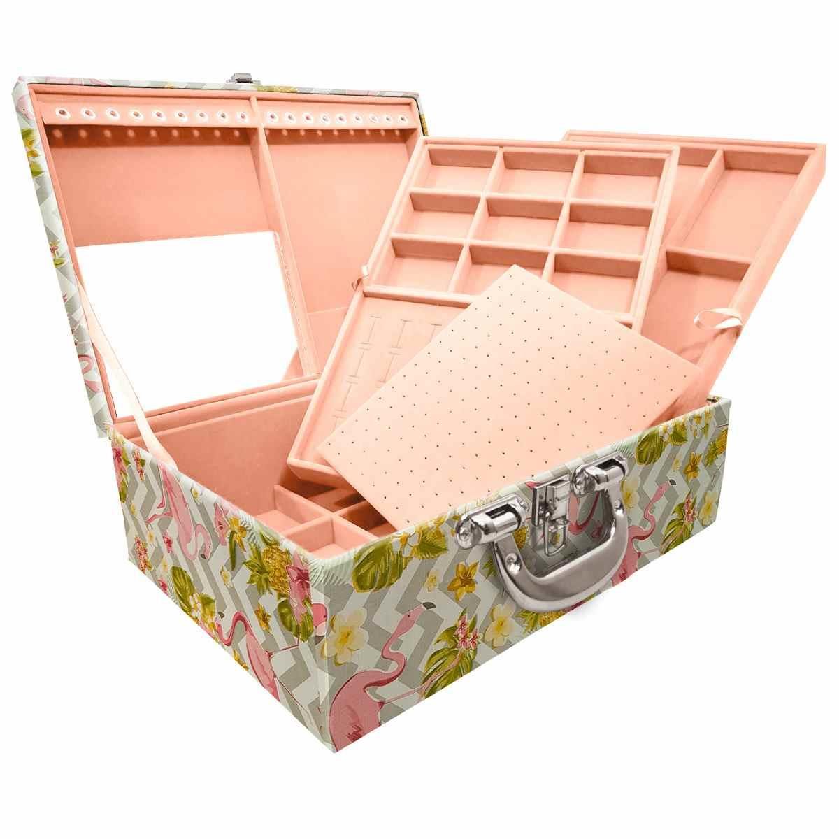 Estojo Maleta Porta Jóias Triplo Grande Flamingo Com Alça Cromada e Espelho