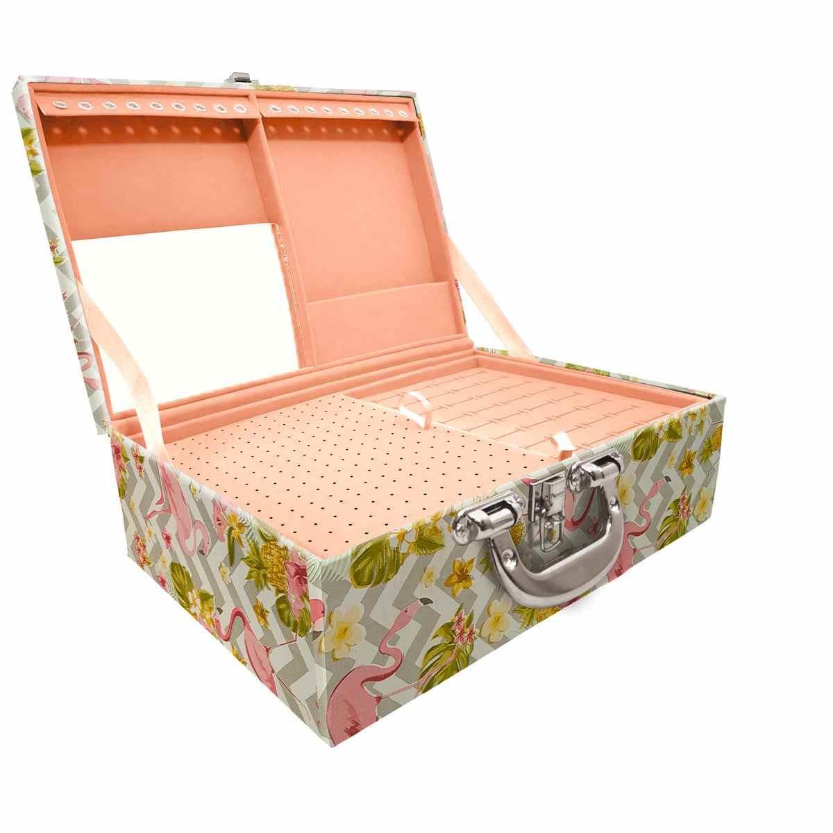 Estojo Maleta Porta Jóias Triplo Grande Flamingo Com Alça Cromada e Espelho