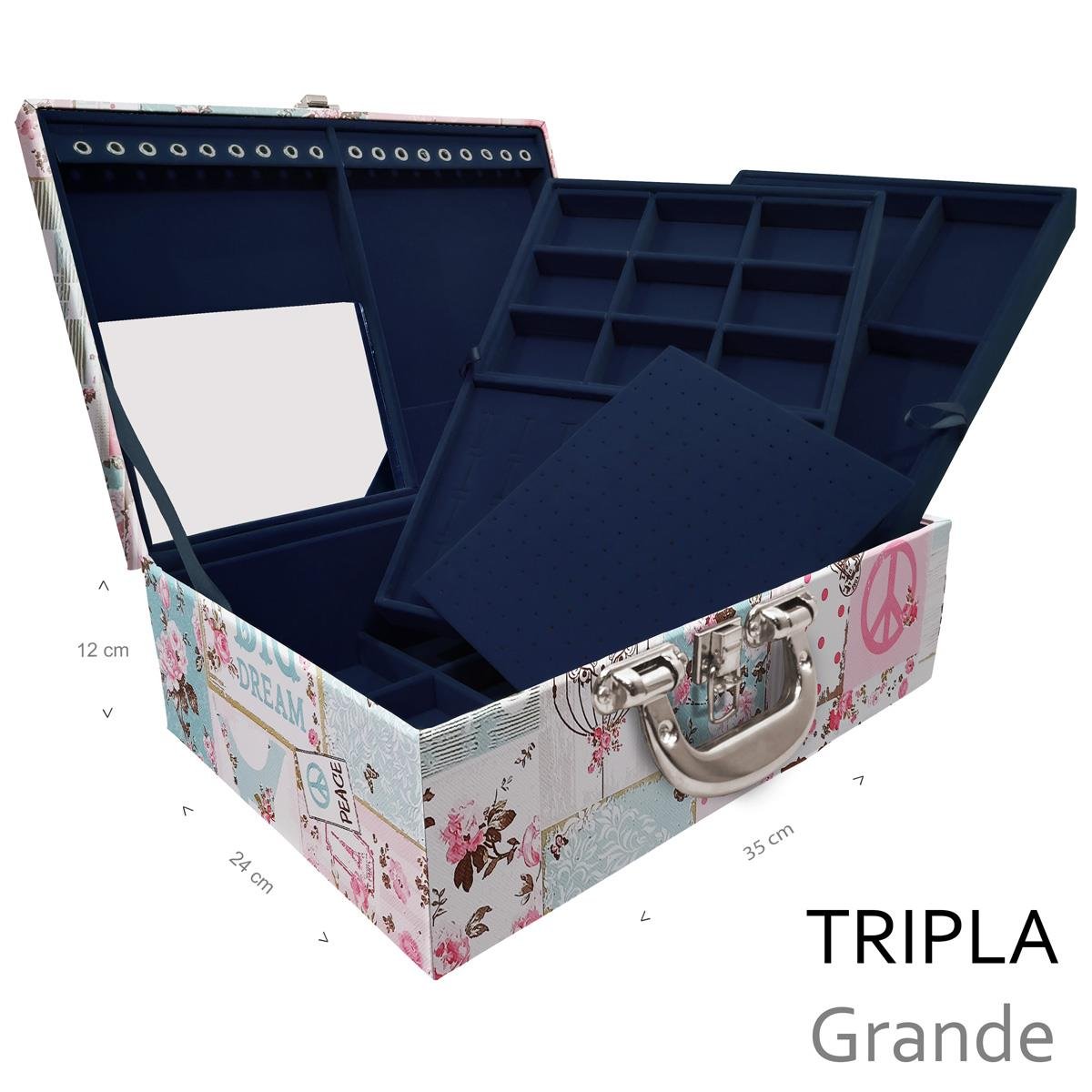 Estojo Maleta Porta Jóias Triplo Grande Happy Day Com Alça Cromada e Espelho