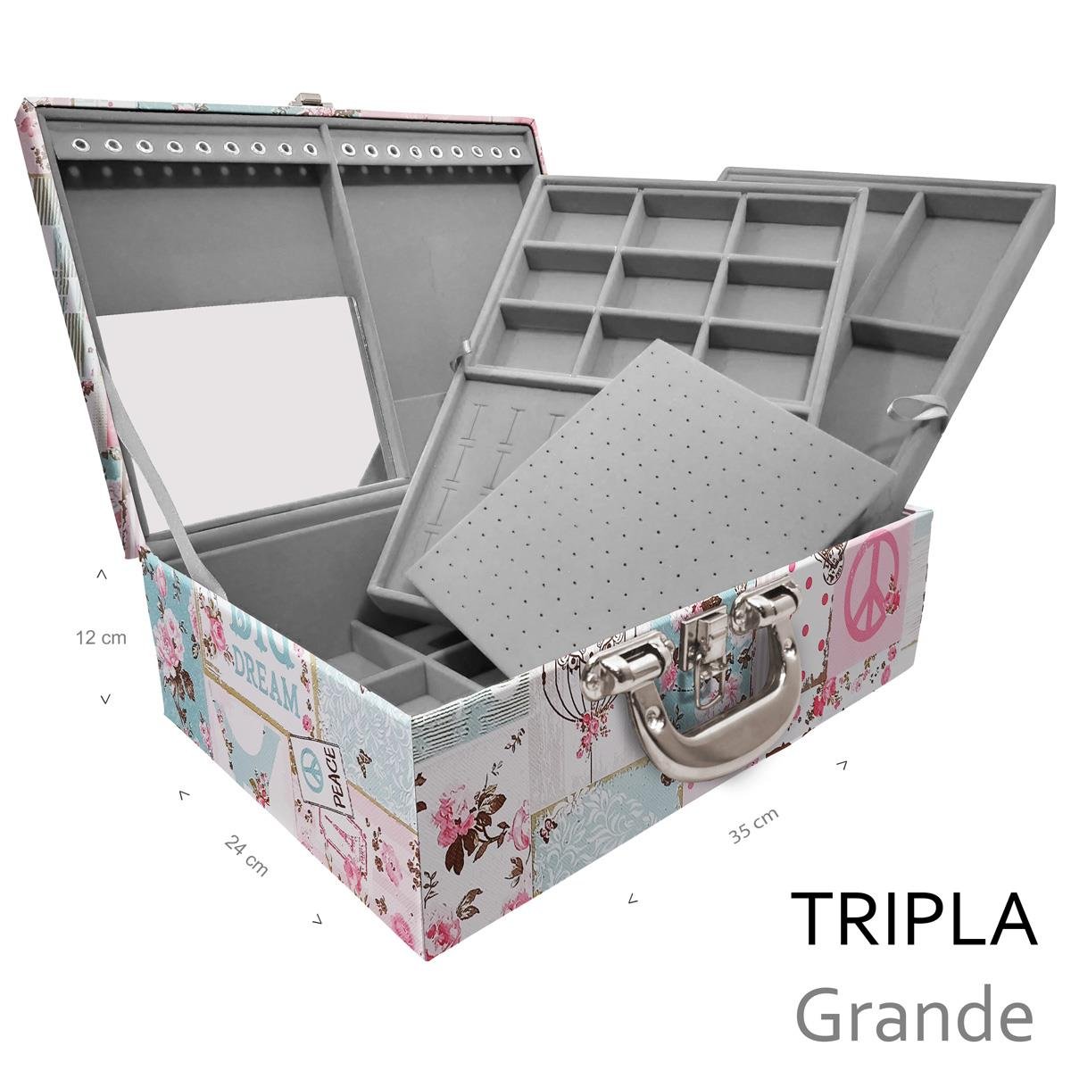 Estojo Maleta Porta Jóias Triplo Grande Happy Day Com Alça Cromada e Espelho
