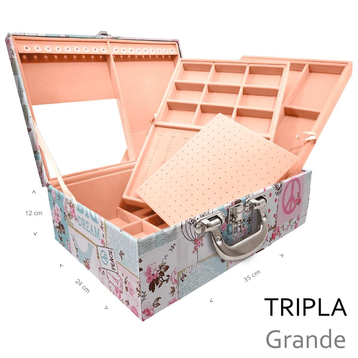 Estojo Maleta Porta Jóias Triplo Grande Happy Day Com Alça Cromada e Espelho