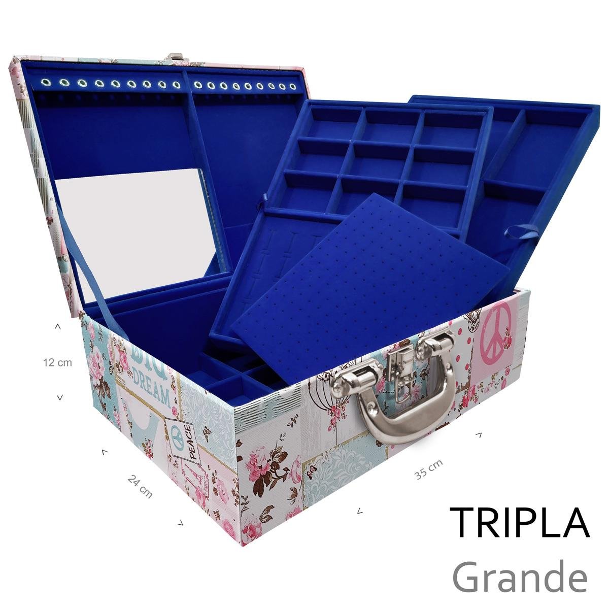 Estojo Maleta Porta Jóias Triplo Grande Happy Day Com Alça Cromada e Espelho