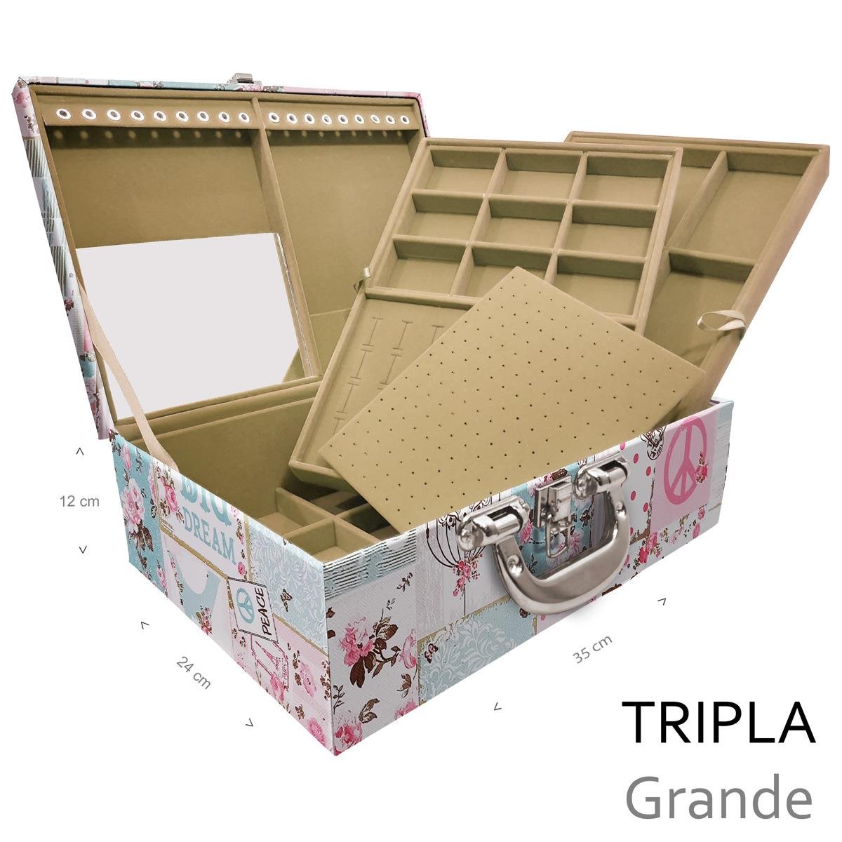 Estojo Maleta Porta Jóias Triplo Grande Happy Day Com Alça Cromada e Espelho