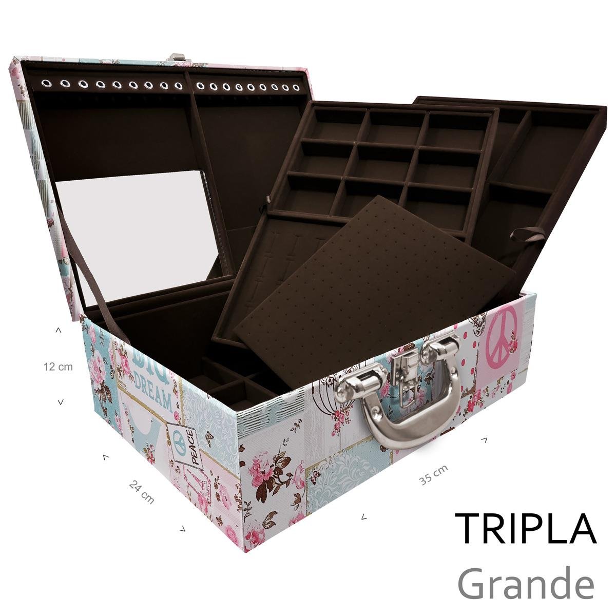 Estojo Maleta Porta Jóias Triplo Grande Happy Day Com Alça Cromada e Espelho