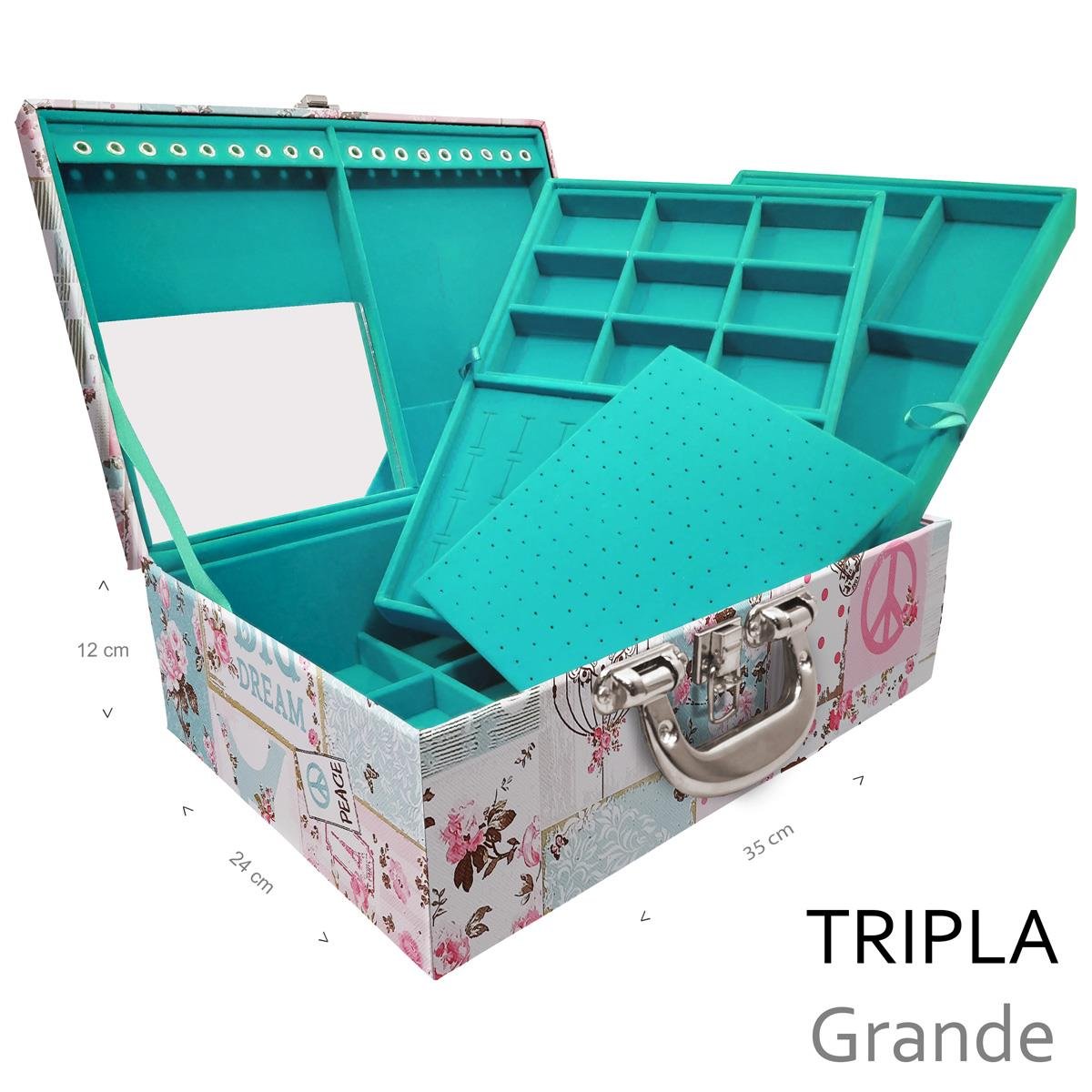 Estojo Maleta Porta Jóias Triplo Grande Happy Day Com Alça Cromada e Espelho