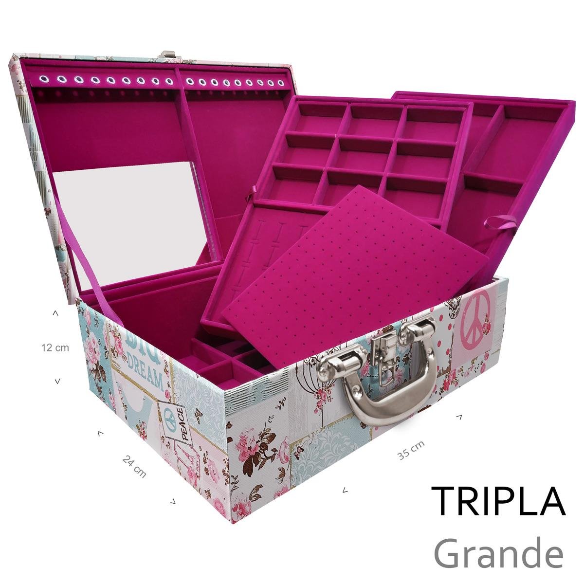 Estojo Maleta Porta Jóias Triplo Grande Happy Day Com Alça Cromada e Espelho