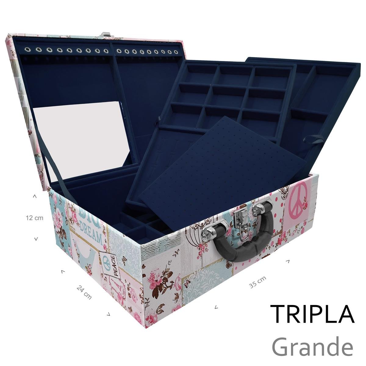 Estojo Maleta Porta Jóias Triplo Grande Happy Day Com Alça Preta e Espelho