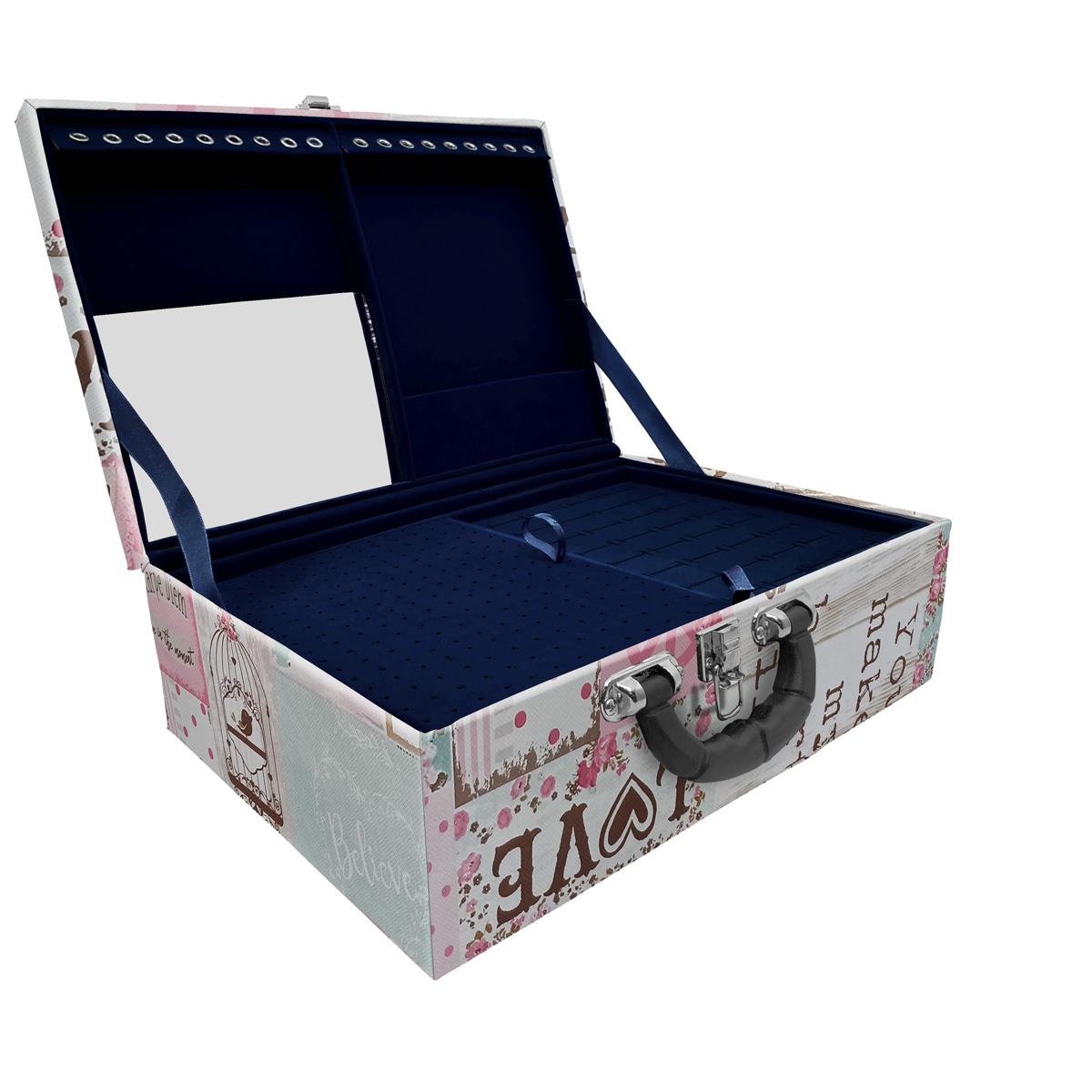 Estojo Maleta Porta Jóias Triplo Grande Happy Day Com Alça Preta e Espelho