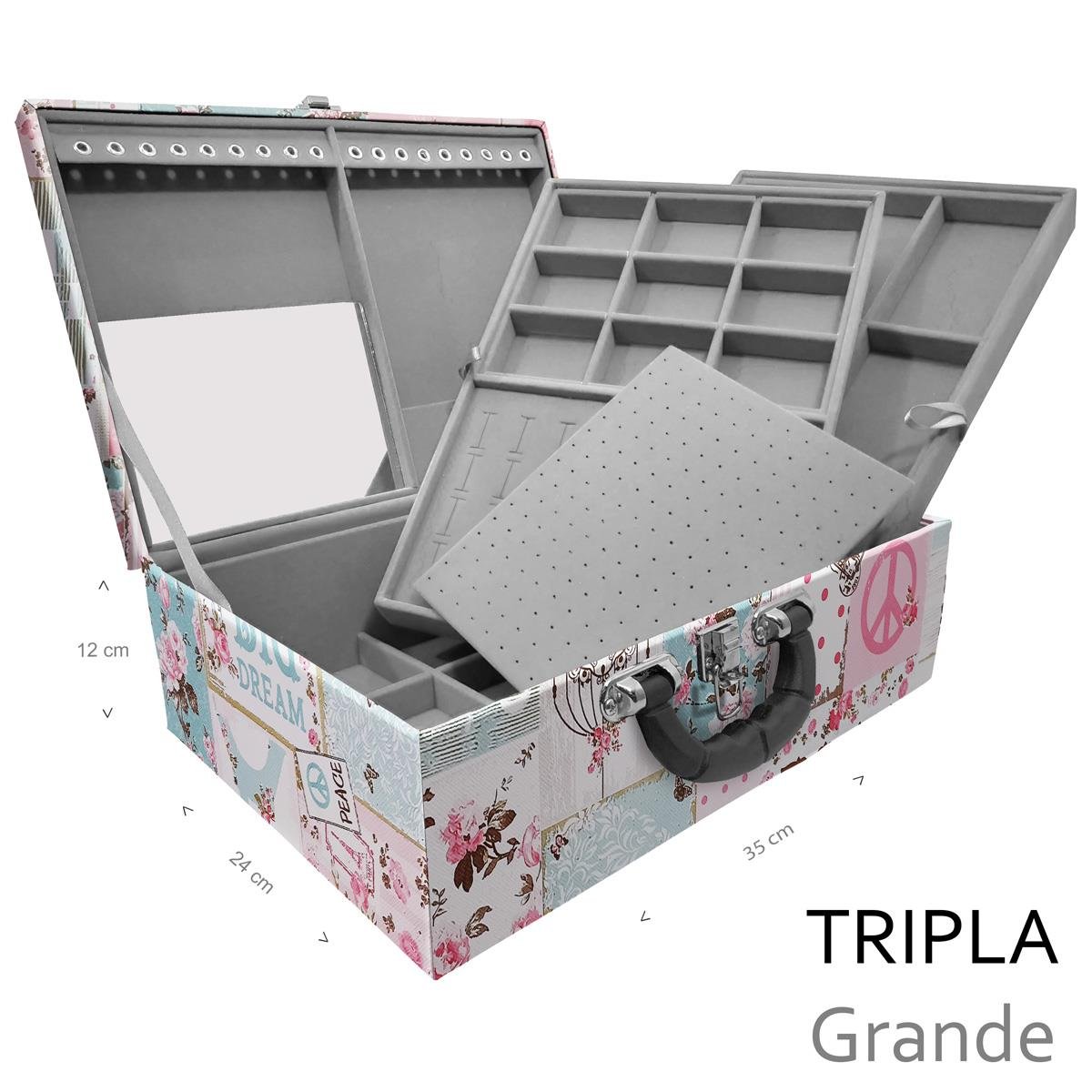 Estojo Maleta Porta Jóias Triplo Grande Happy Day Com Alça Preta e Espelho