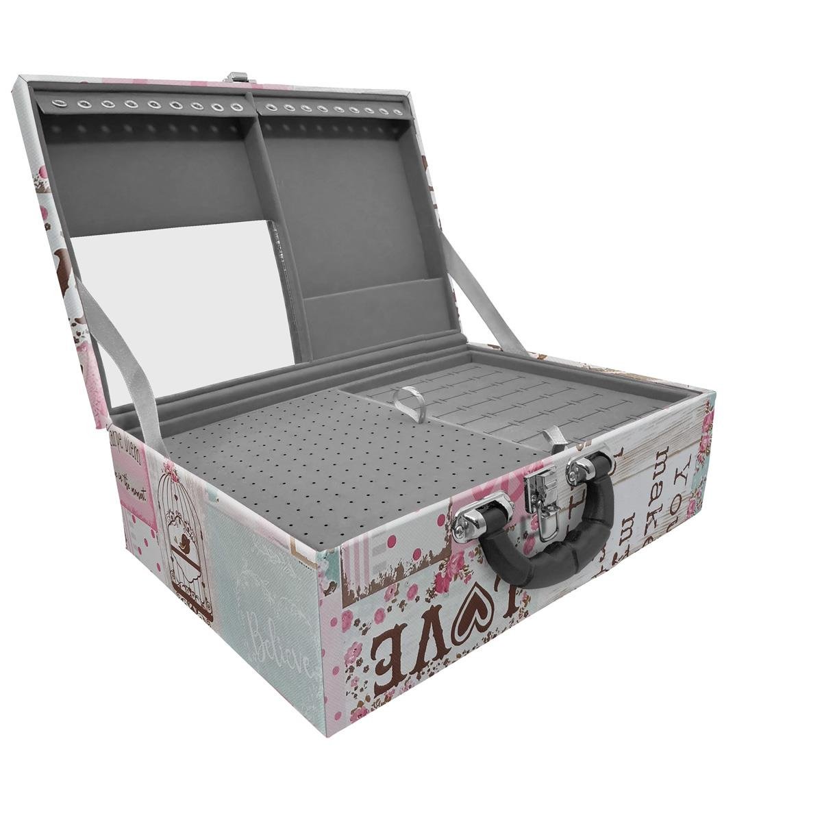 Estojo Maleta Porta Jóias Triplo Grande Happy Day Com Alça Preta e Espelho