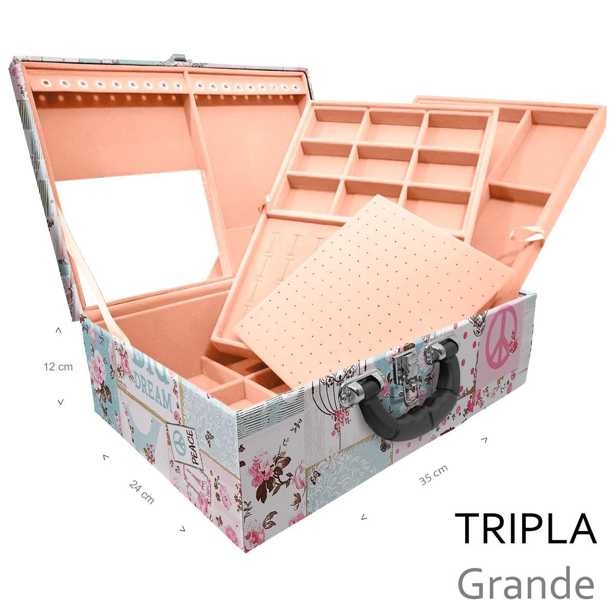 Estojo Maleta Porta Jóias Triplo Grande Happy Day Com Alça Preta e Espelho