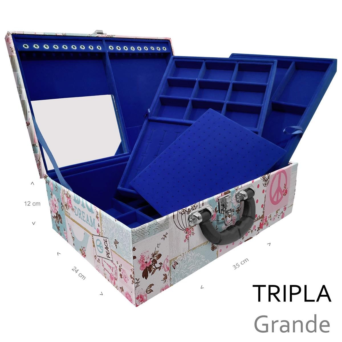 Estojo Maleta Porta Jóias Triplo Grande Happy Day Com Alça Preta e Espelho