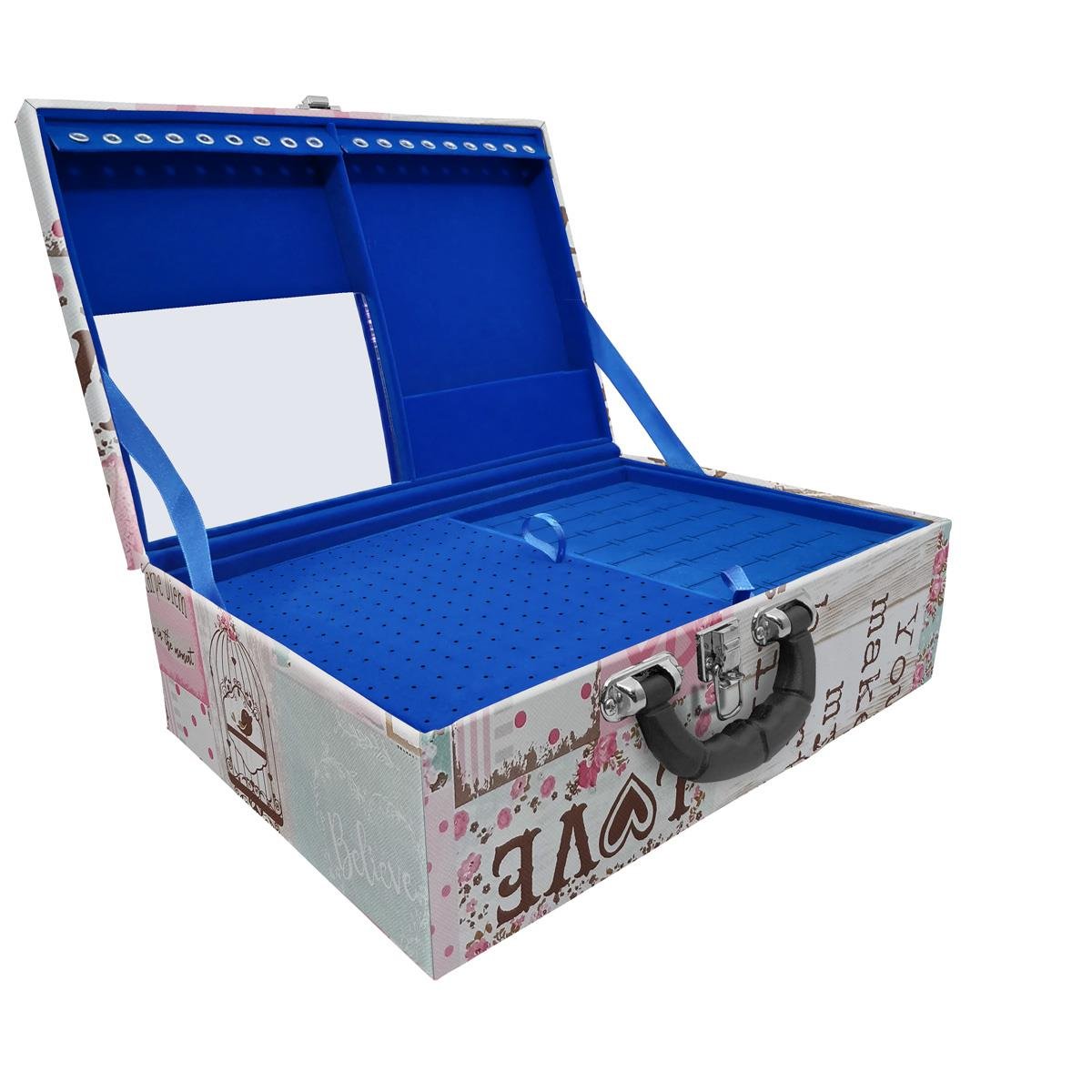 Estojo Maleta Porta Jóias Triplo Grande Happy Day Com Alça Preta e Espelho